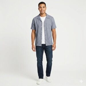 Tahari Herringbone Button Down Shirt Men M Short Sleeve Blue White Office Casual